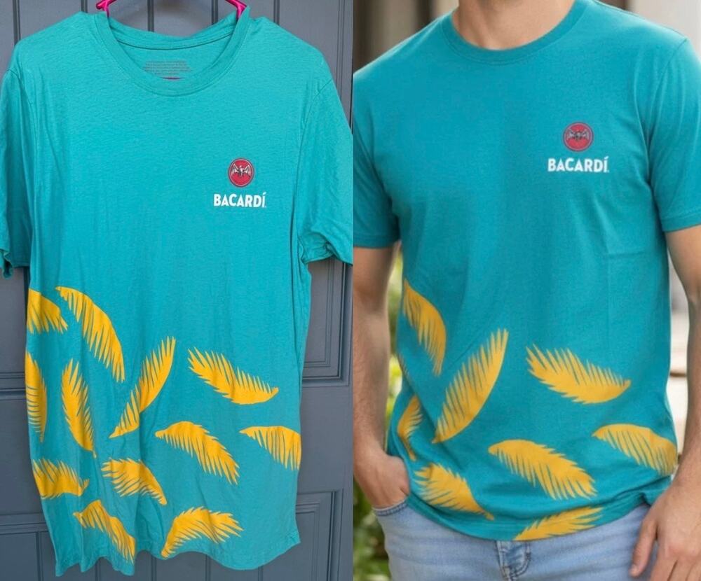 Bacardi Men's/Unisex Teal Blue Yellow Palm Leaf Logo T-Shirt Size L